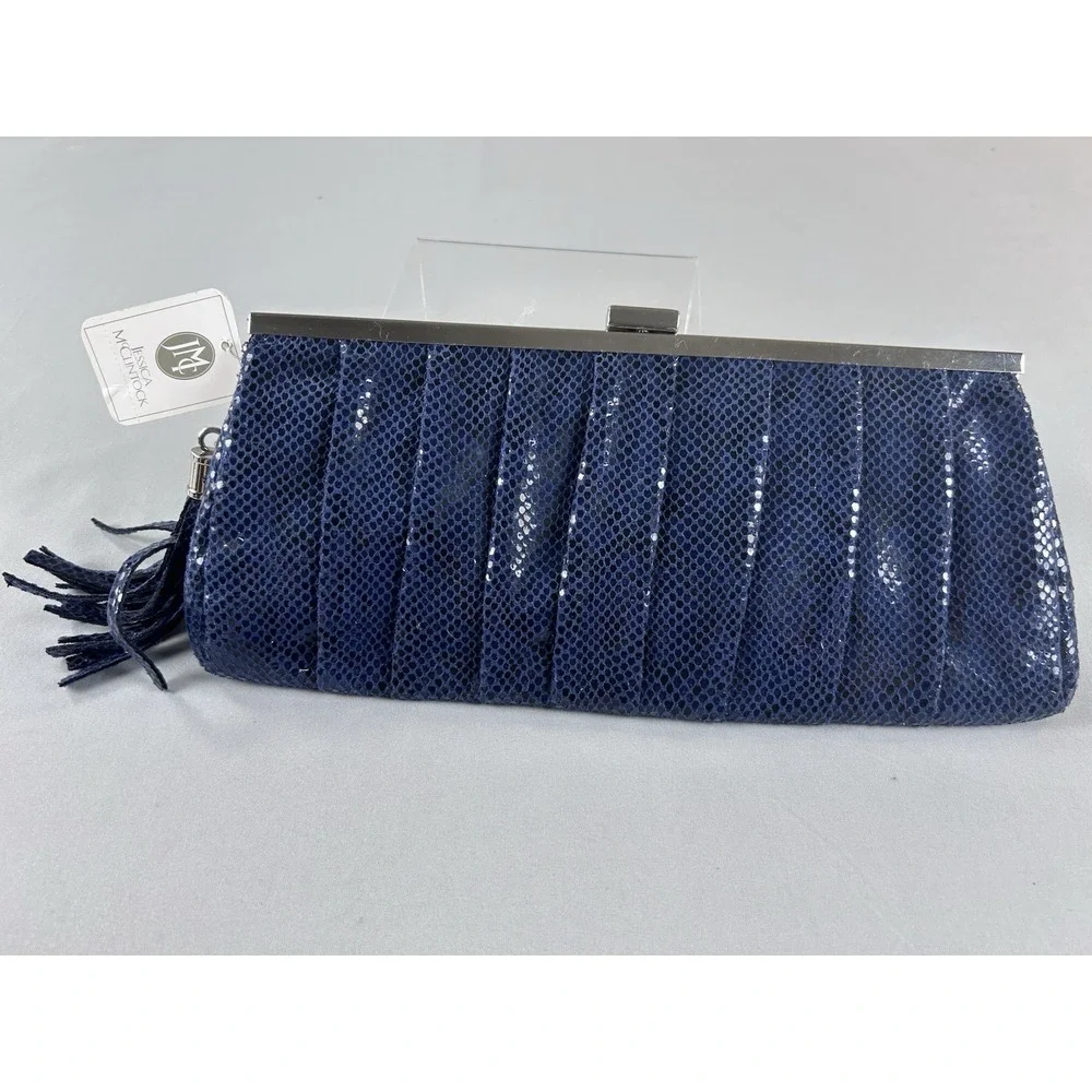 Jessica McClintock Blue Clutch Evening Bag Sequin‎ Pleated Frame Tassel NWT